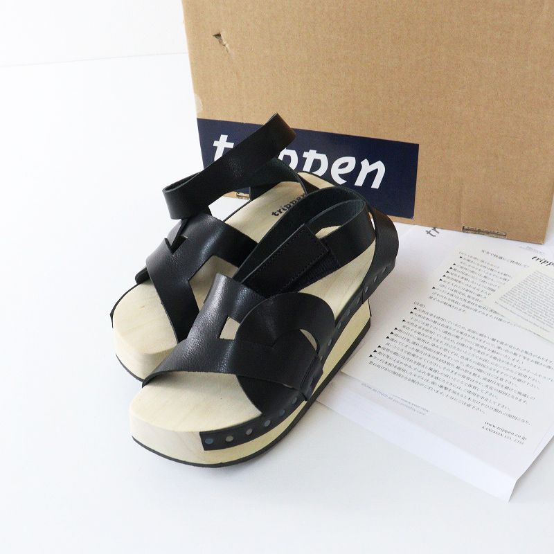 保管品 トリッペン Trippen レターズ LETTERS ウッドソールサンダル 35‖ブラック ナチュラル 22 5 cm 厚底
