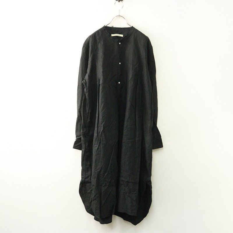 ススリ susuri マイマーロングシャツワンピース 4 ブラック バンドカラー チュニック 長袖 リネン カットオフ ブラウス