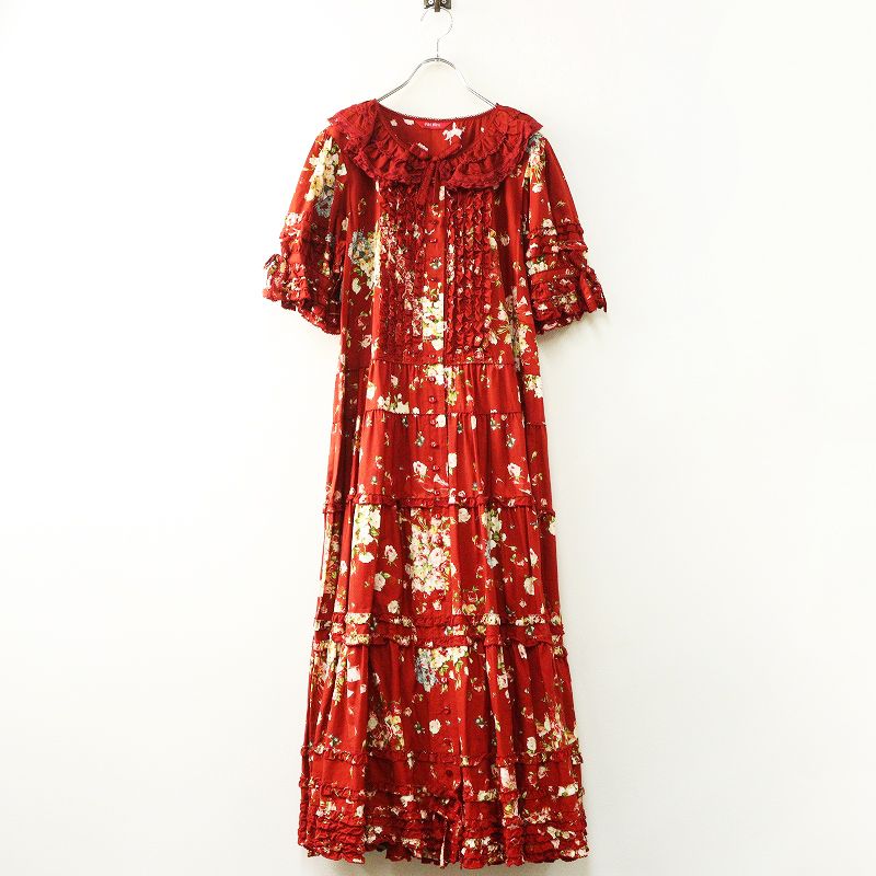 2021 ピンクハウス PINK HOUSE アンジェリークローズプリントワンピース レッド ピコフリル 段々 ドレス 前開き