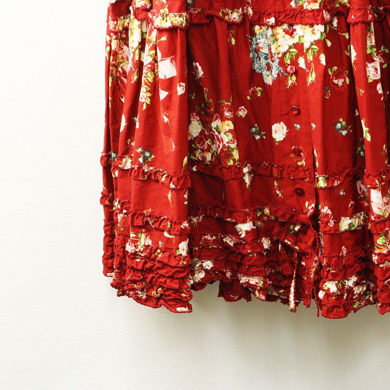  2021 ピンクハウス PINK HOUSE アンジェリークローズプリントワンピース レッド ピコフリル 段々 ドレス 前開き その他 その他