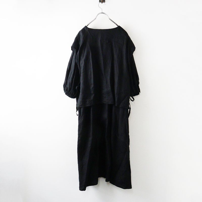 ガーゼ Gauze リネンドッキングVネックワンピース F ブラック ドレス タック フ ロング