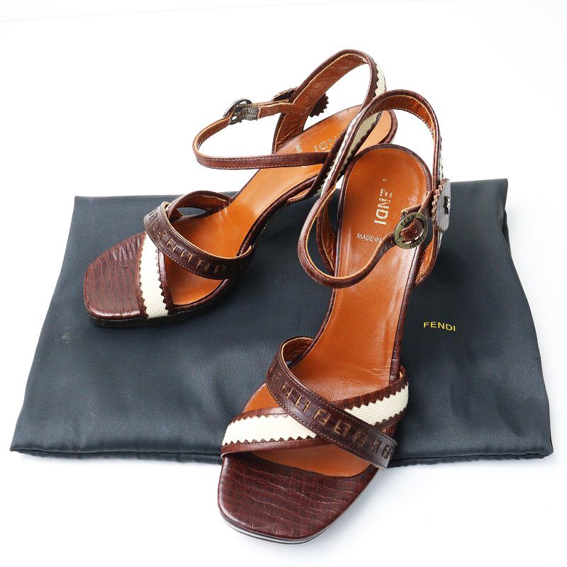 フェンディ FENDI ズッカ型押し ストラップ サンダル 37 ブラウン シューズ クロス ハイヒール 約24 cm
