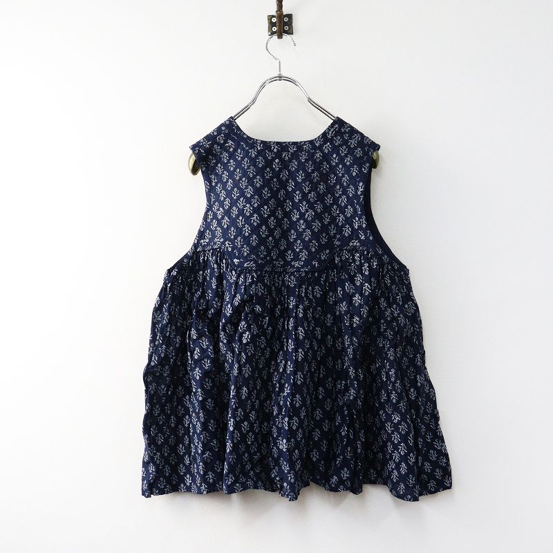 ♥ 2025 AW 定価3 5万 メゾンドソイル maison de soil フラワー ブロックプリント ノースリーブシャツ 1∥ネイビー