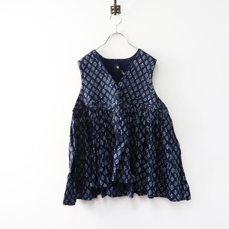 ♥ 2025 AW 定価3 5万 メゾンドソイル maison de soil フラワー ブロックプリント ノースリーブシャツ 1∥ネイビー