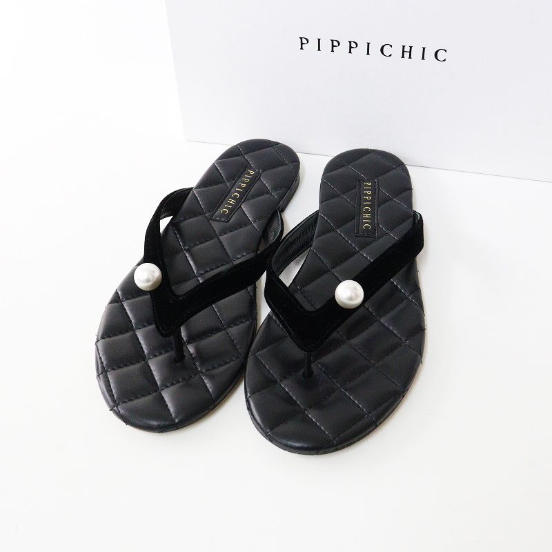 ピッピシック CHIC PEARL サンダル 38 ブラック ベロアトング パールモチーフ キルティング 25 cm