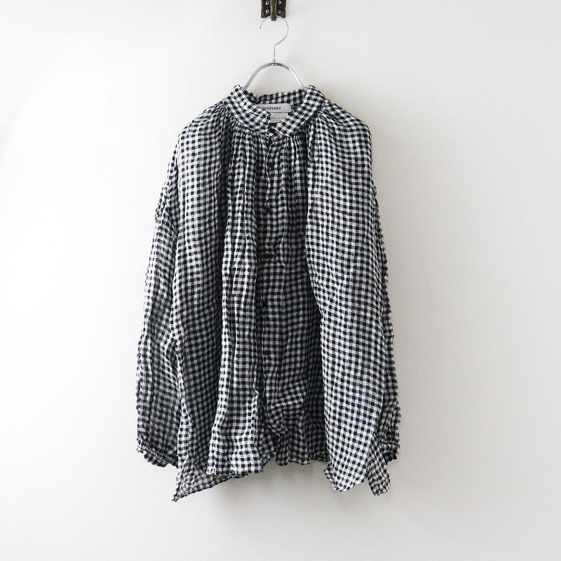 ヴェリテクール Veritecoeur ST 088 アンティークブラウス F ブラック ギンガムチェック リネン ガーゼ シャツ ギャザー