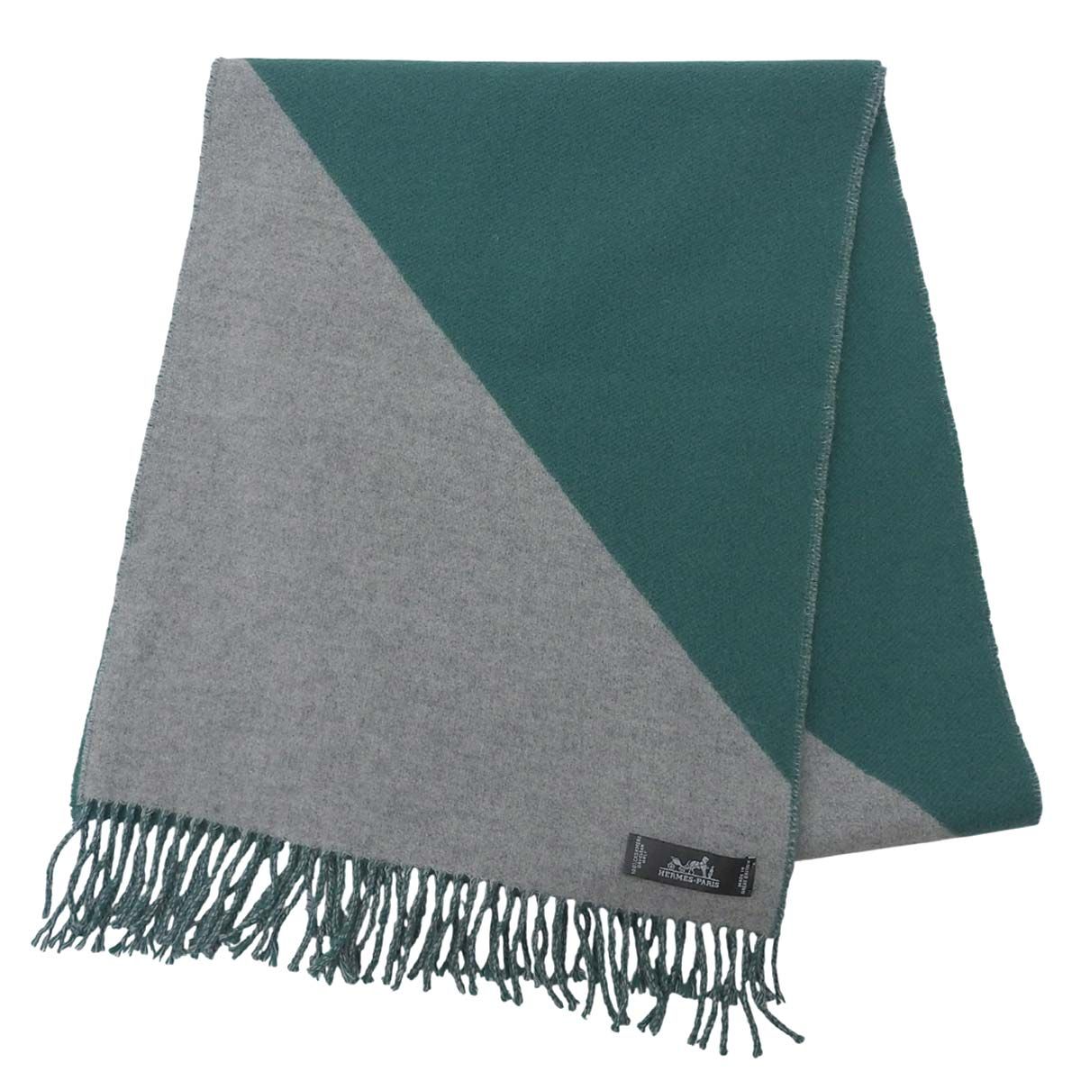 エルメス HERMES フリンジ バイカラー マフラー カシミヤ グレー