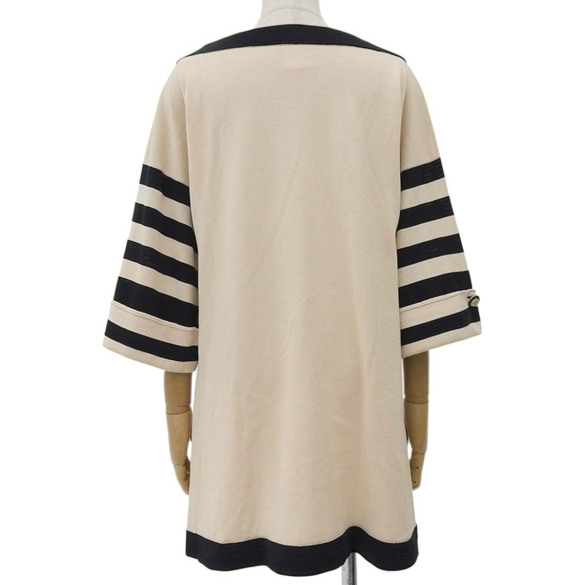 シャネル CHANEL ココマーク 七分袖 ニット ワンピース ボートネック 袖ボーダー コットン ナイロン オフホワイト ブラック 36 レディース