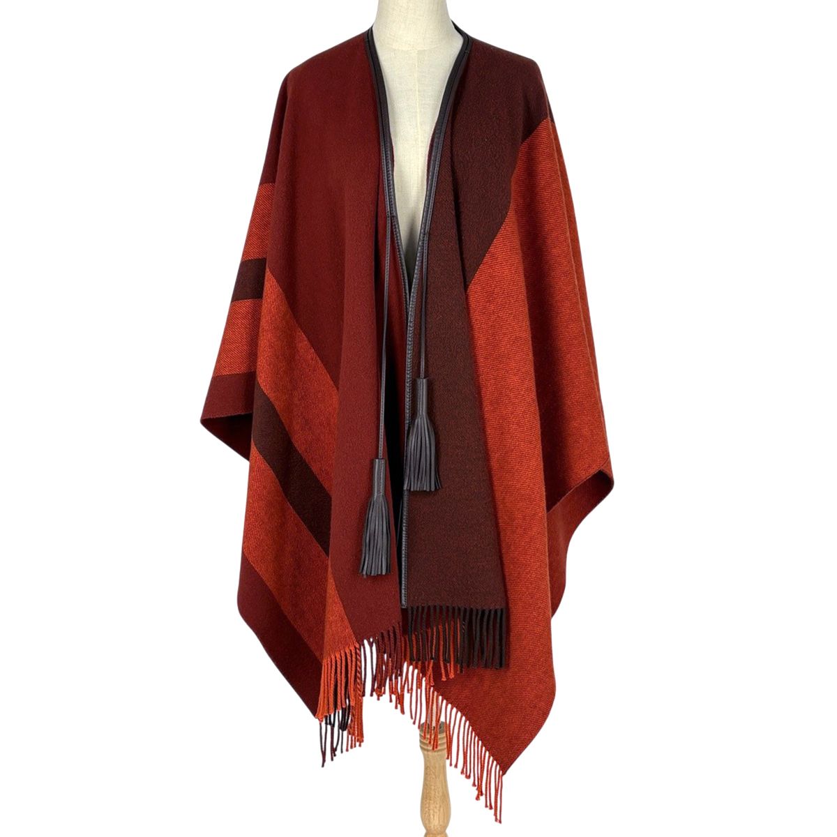 エルメス HERMES セリエ フリンジ ポンチョ ロカバール タッセル アウター 毛 カシミヤ 牛革 ブラウン オレンジ レディース