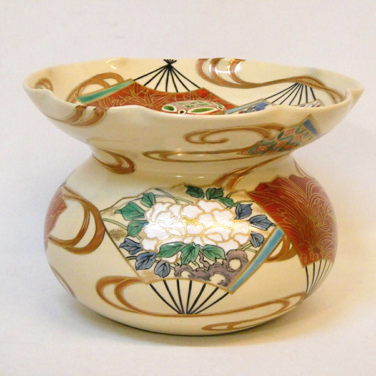 お正月 平安清水焼 高台寺窯 森里陶楽作 砂金袋水指 扇面草花紋 茶道具