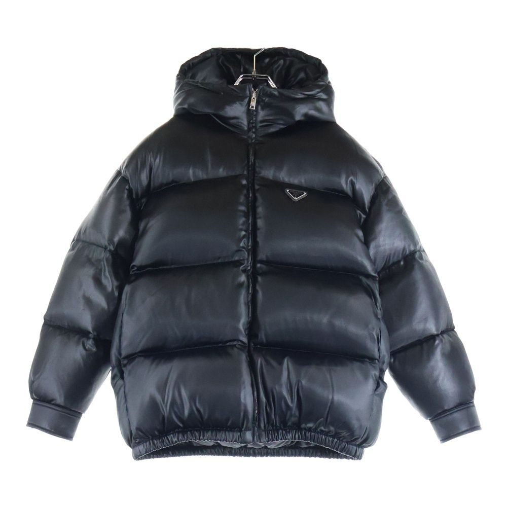PRADA プラダ 22 AW トライアングルロゴプレート シルク混 アセテート フーデッド ジップアップ ダウンジャケット ブラック 29 E 053