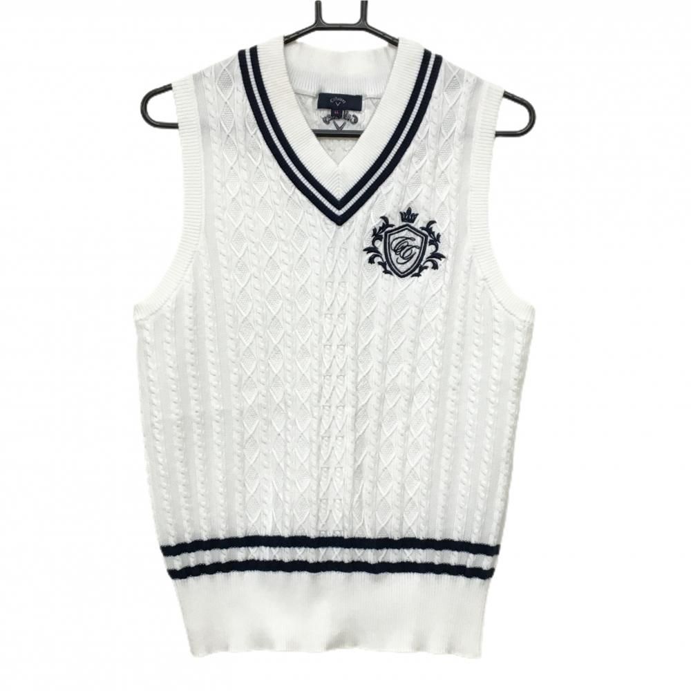 キャロウェイ ニットベスト 白×ネイビー ケーブル編み Vネック