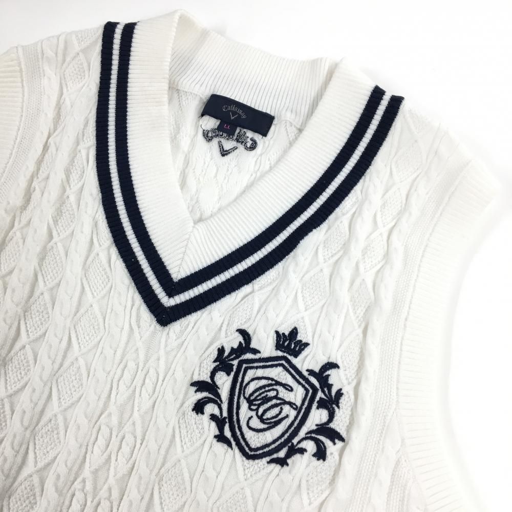 キャロウェイ ニットベスト 白×ネイビー ケーブル編み Vネック