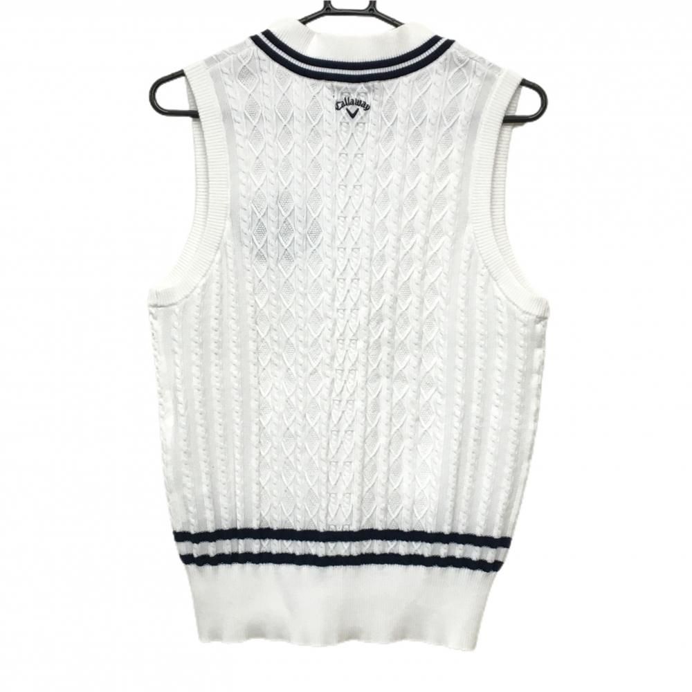 キャロウェイ ニットベスト 白×ネイビー ケーブル編み Vネック