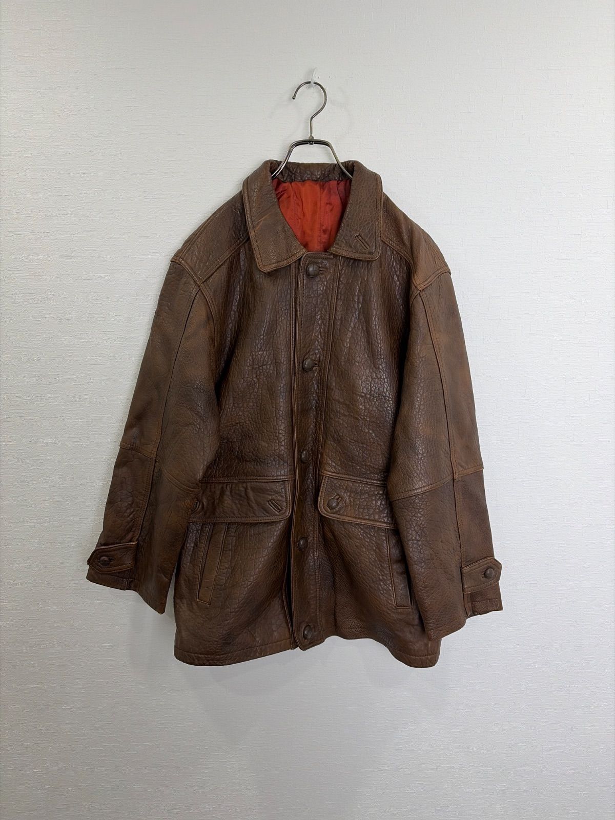 S 00432 ヴィンテージ古着 Brown ブラウン レザージャケット メンズ XL 羊革 ロング丈 無地 Y 2 K 90 古着 一点物 ヴィンテージ フォロー割あり