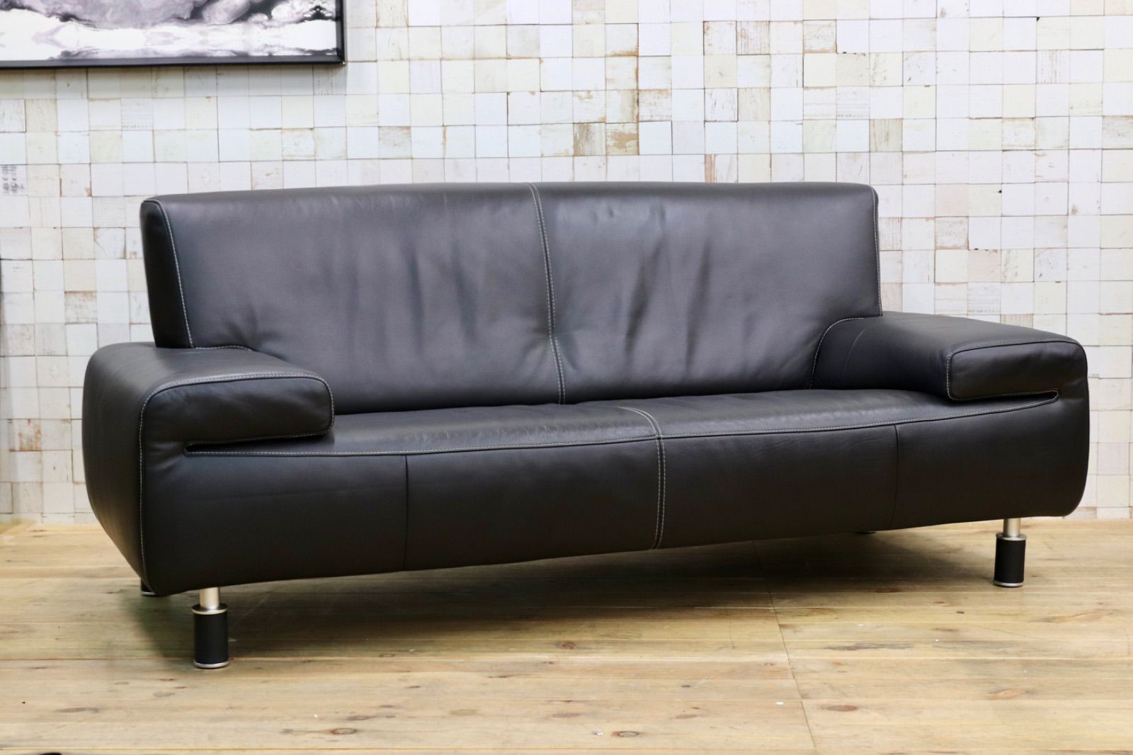 GMIH 361○ ドイツ製 2人掛けワイドソファ ラブソファ ブラック 総本革 モダン スタイリッシュ 約36万 検 ギャラリーエム