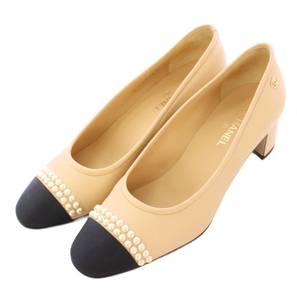 シャネル CHANEL パンプス ラウンドトゥ チャンキーヒール レザー フェイクパール ココマーク ロゴ 装飾 バイカラー 36 ベージュ 黒 ブラック BB