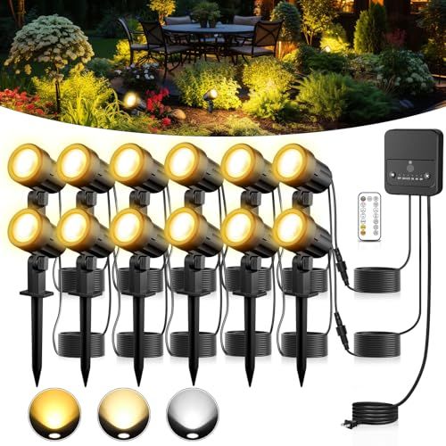 MEIKEE ガーデンライト スポットライト 12灯 リモコン付き 2700 K 4000 6500 切替 3段階調光 明暗センサー 自動点灯 消灯 2 H 4 6 Hタイマー機能付き コンセント式 常時点灯 メモリー機能 IP 66防水 ガーデ