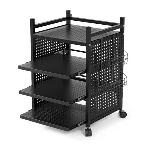 収納 ラック 4段収納 幅42 キャスター付き 可動棚 ゲーミングラック スライド式 サイドワゴン 耐荷重40 KG ゲーム 棚 オーディオラック ブラック