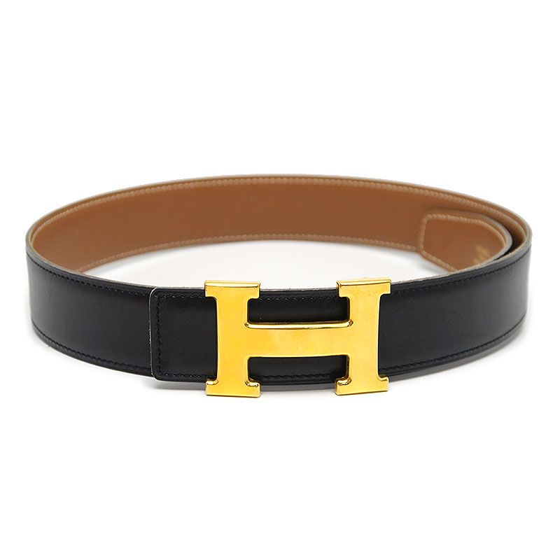 HERMES ブラック レザー ベルト 70 エルメス HERMES Hベルト 70 ブラック×ゴールド □B・1988年 - メルカリ