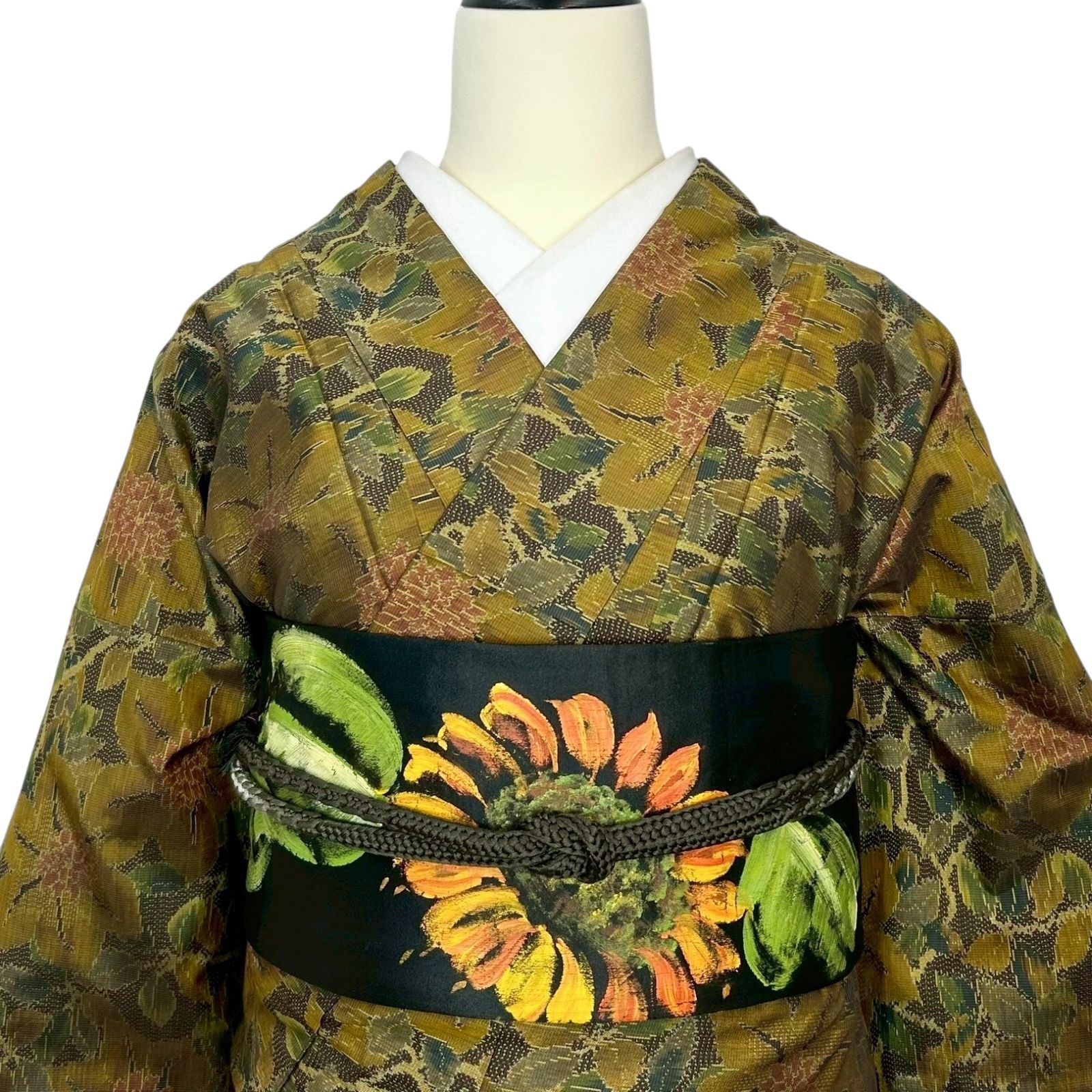 アンティーク帯 名古屋帯 黒繻子 向日葵