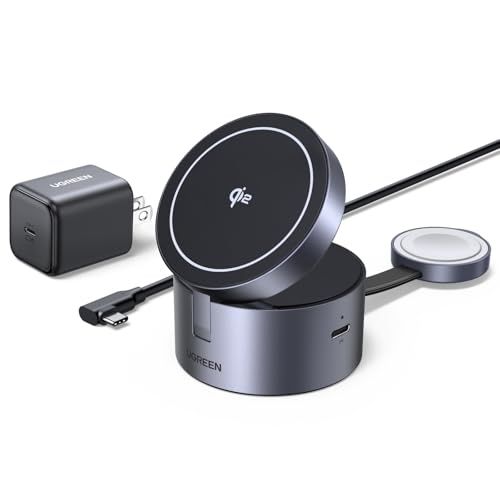 UGREEN Magsafe対応 3 in 1 ワイヤレス充電器 円形でブラインド操作＆転倒防止 MFi Qi 2認証 15 W マグセーフ充電器 3台同時急速充電 iPhone 17 16 14 13 12 AirPods 4 2 Pro Applemm
