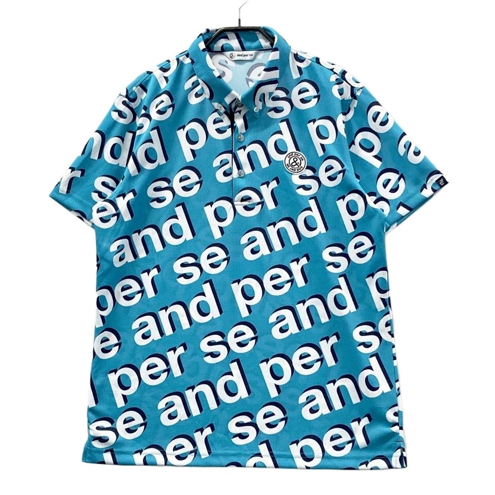 サイズ L AND PER SE アンパスィ 半袖ポロシャツ ロゴ総柄 ブルー系 ゴルフウェア メンズ ストスト