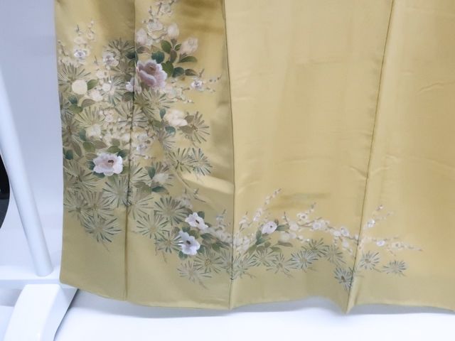 京松 訪問着 中国刺繍 金糸 松 花 正絹 着物 身丈約162 cm 裄丈約67 kyo 7 z 12 1553