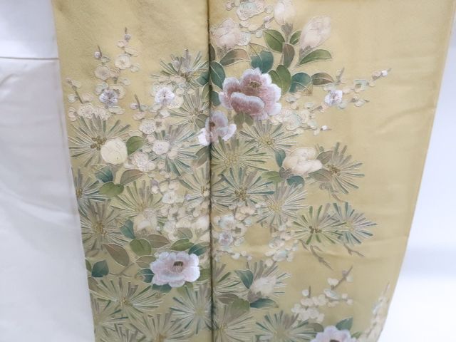  京松 訪問着 中国刺繍 金糸 松 花 正絹 着物 身丈約162 cm 裄丈約67 kyo 7 z 12 1553 着物 着物 浴衣