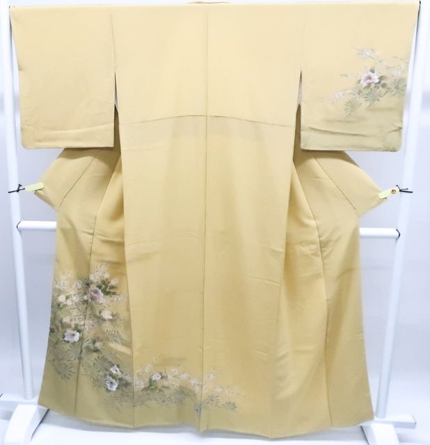 京松 訪問着 中国刺繍 金糸 松 花 正絹 着物 身丈約162 cm 裄丈約67 kyo 7 z 12 1553