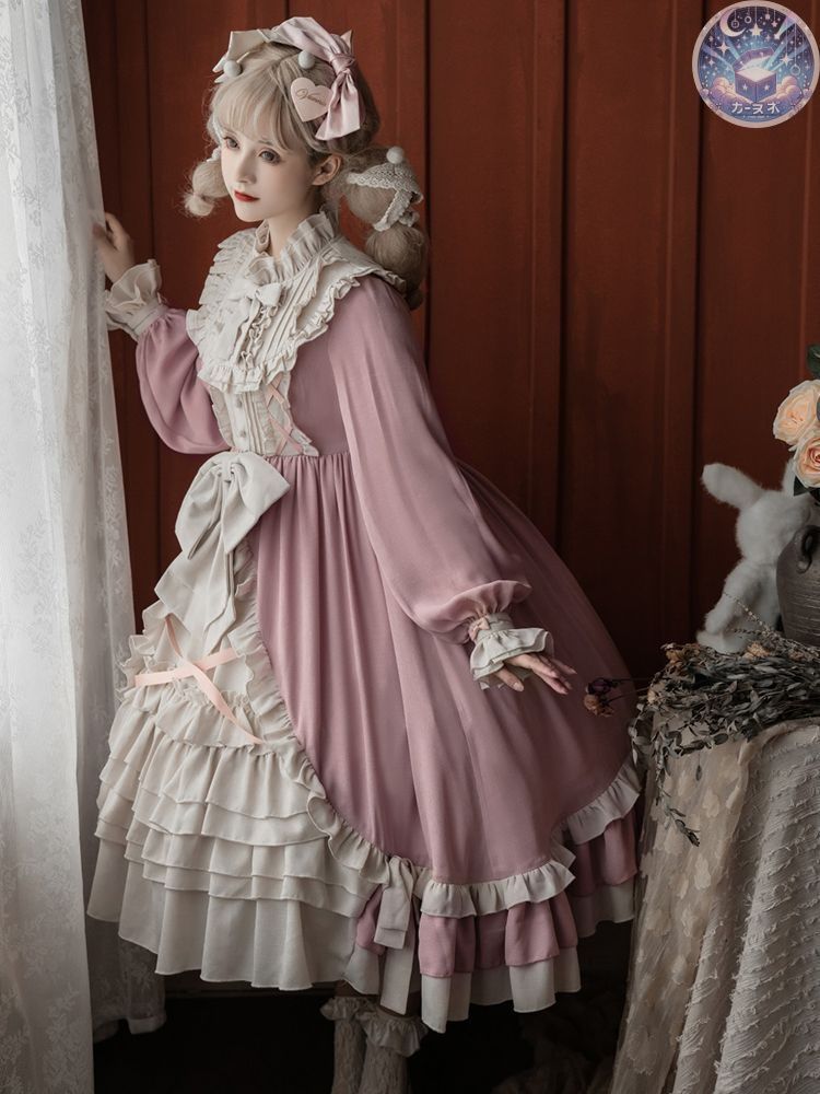 ♥ プリンセスロリータ lolitaドレス プリンセス風 ワンピース ロングスリーブ 少女風 レース＆リボン装飾 普段着コスプレ