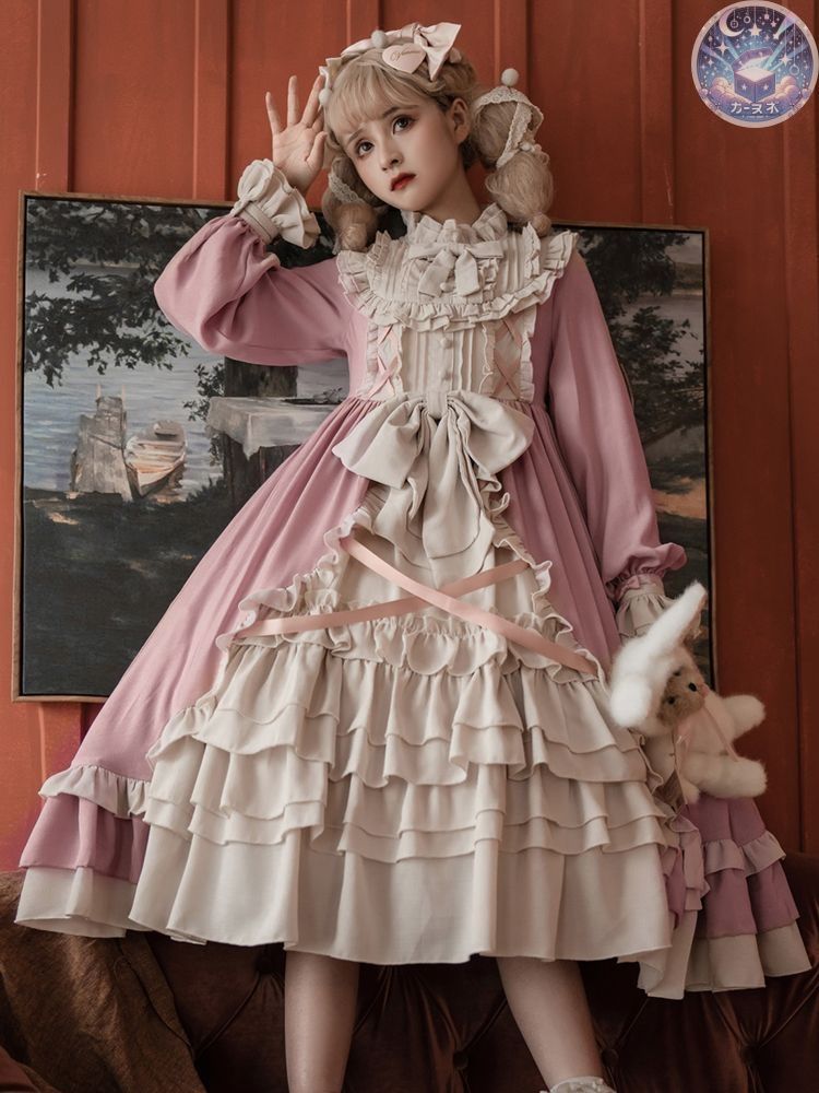 ♥ プリンセスロリータ lolitaドレス プリンセス風 ワンピース ロングスリーブ 少女風 レース＆リボン装飾 普段着コスプレ