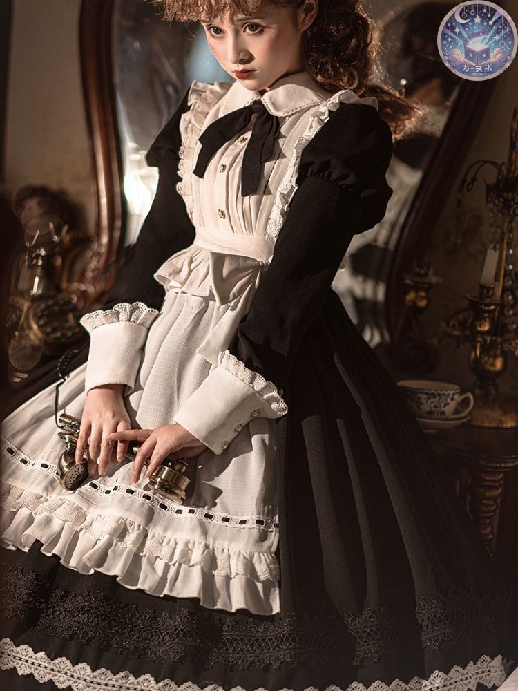♥ ゴシック風ロリータ lolitaドレス シスタードレス＋ヘアクリップ メイドエプロン コスプレ衣装 ゴスロリ 感 舞台衣装 イベント向け 普段着ブラック