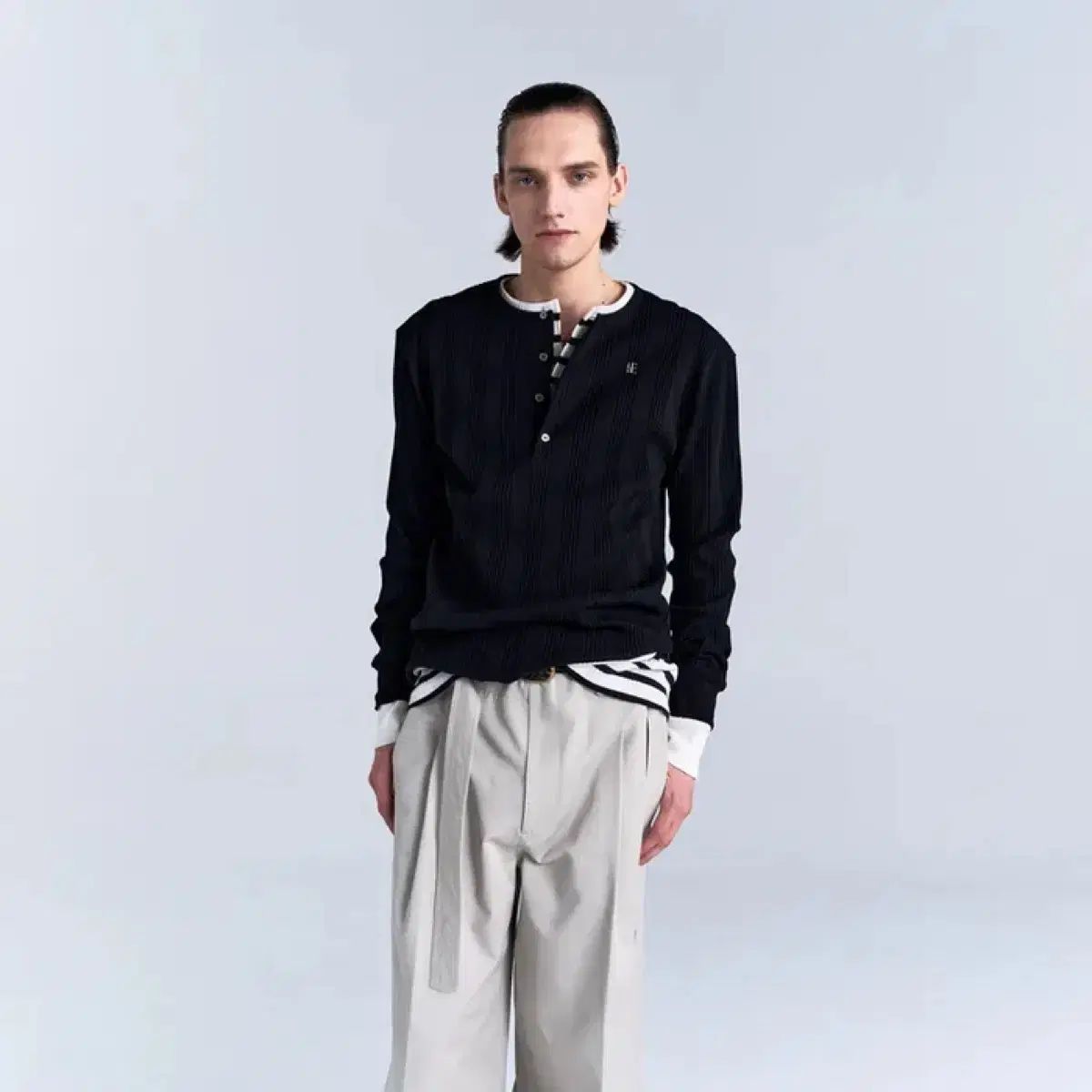 ノイズ リップ ロングスリーブ ヘンリーネック ブラック M