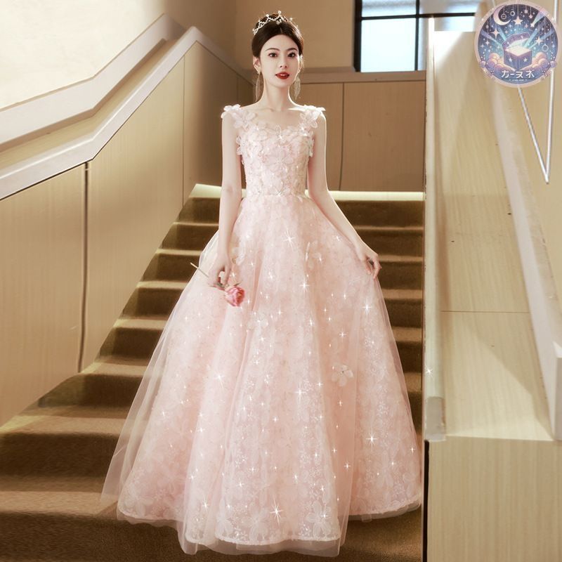 ♥ イブニングドレス パーティードレス ウェディングドレス 結婚式 披露宴 演奏会 Aライン ホワイト 花柄ドレス キラキラ