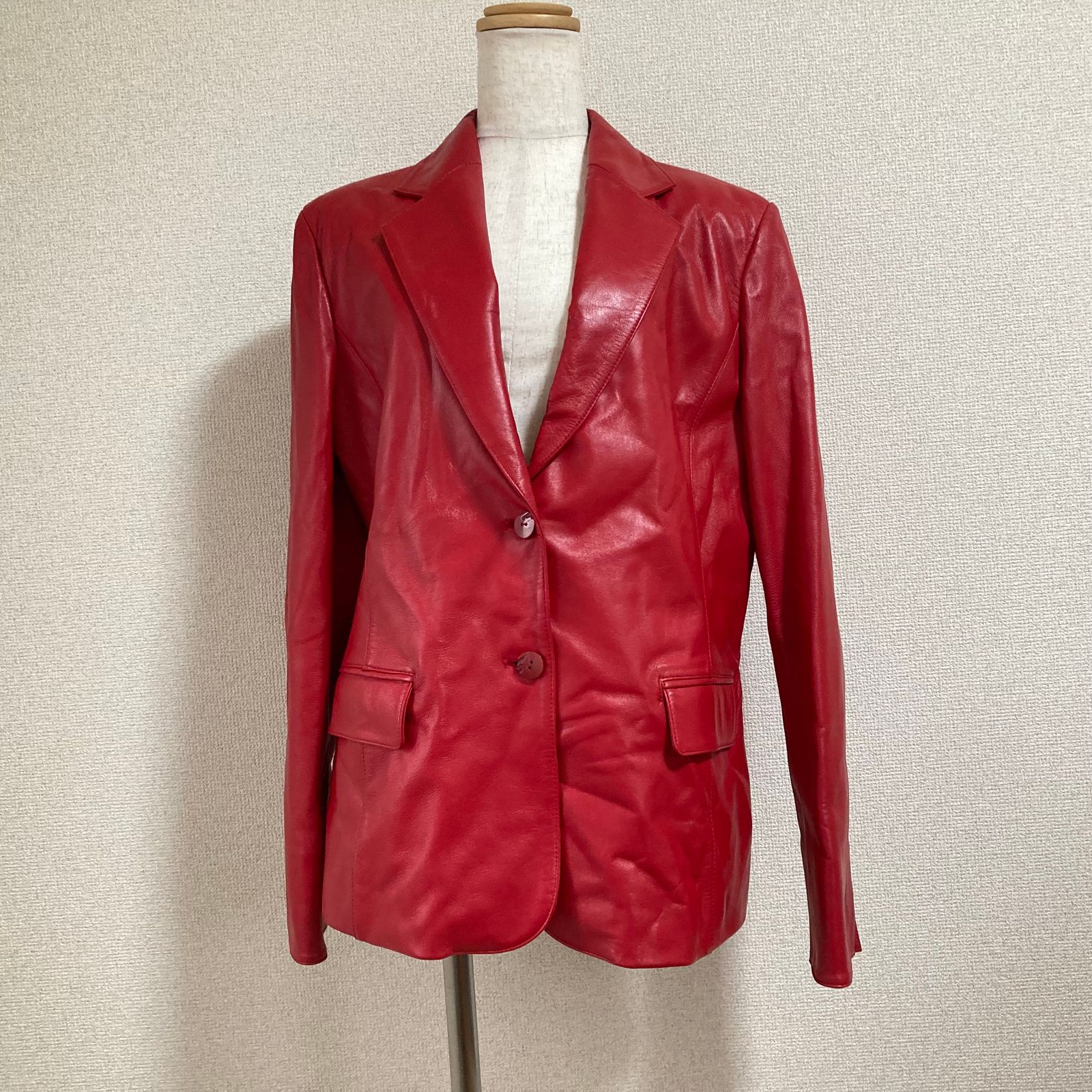 レザー テーラードジャケット F 赤 レッド ラムレザー シープスキン イタリア製羊革 ブレザー カラー