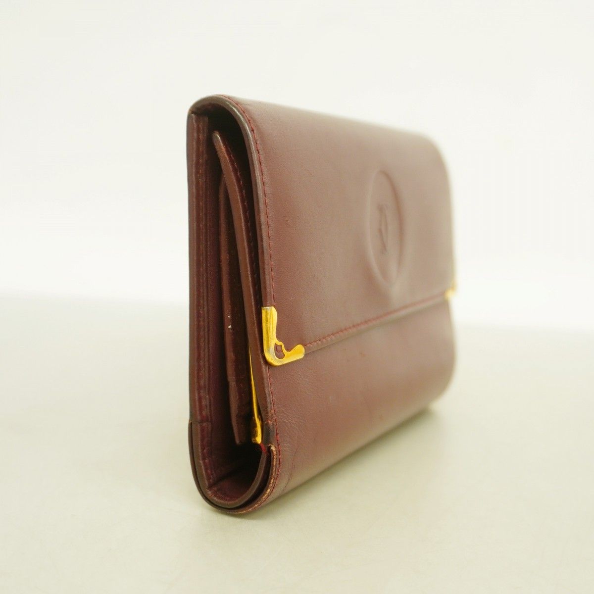 5 pd 6652 カルティエ 三つ折り財布 マスト レザー ボルドー ゴールド金具 レディース