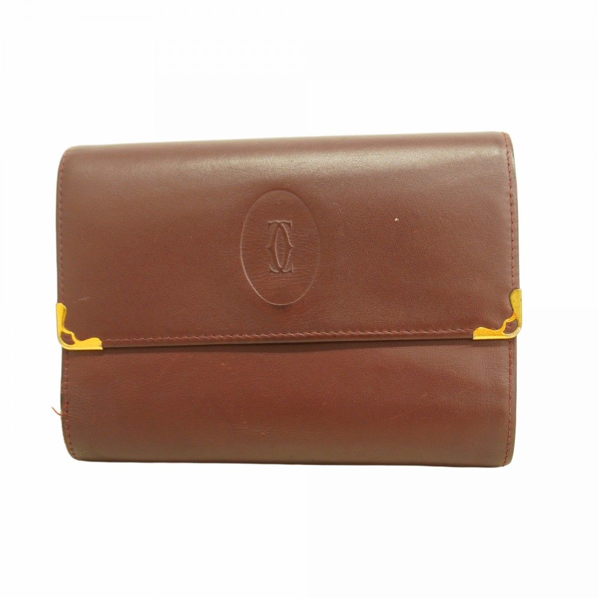 5 pd 6652 カルティエ 三つ折り財布 マスト レザー ボルドー ゴールド金具 レディース