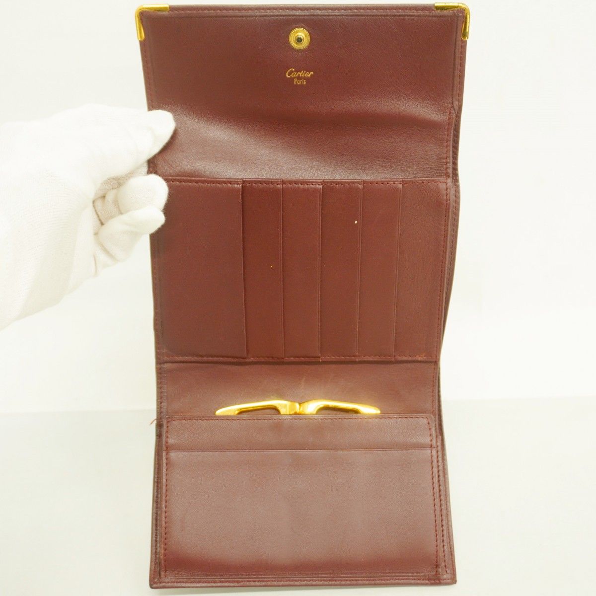 5pd6652】カルティエ 三つ折り財布 マスト レザー ボルドー ゴールド