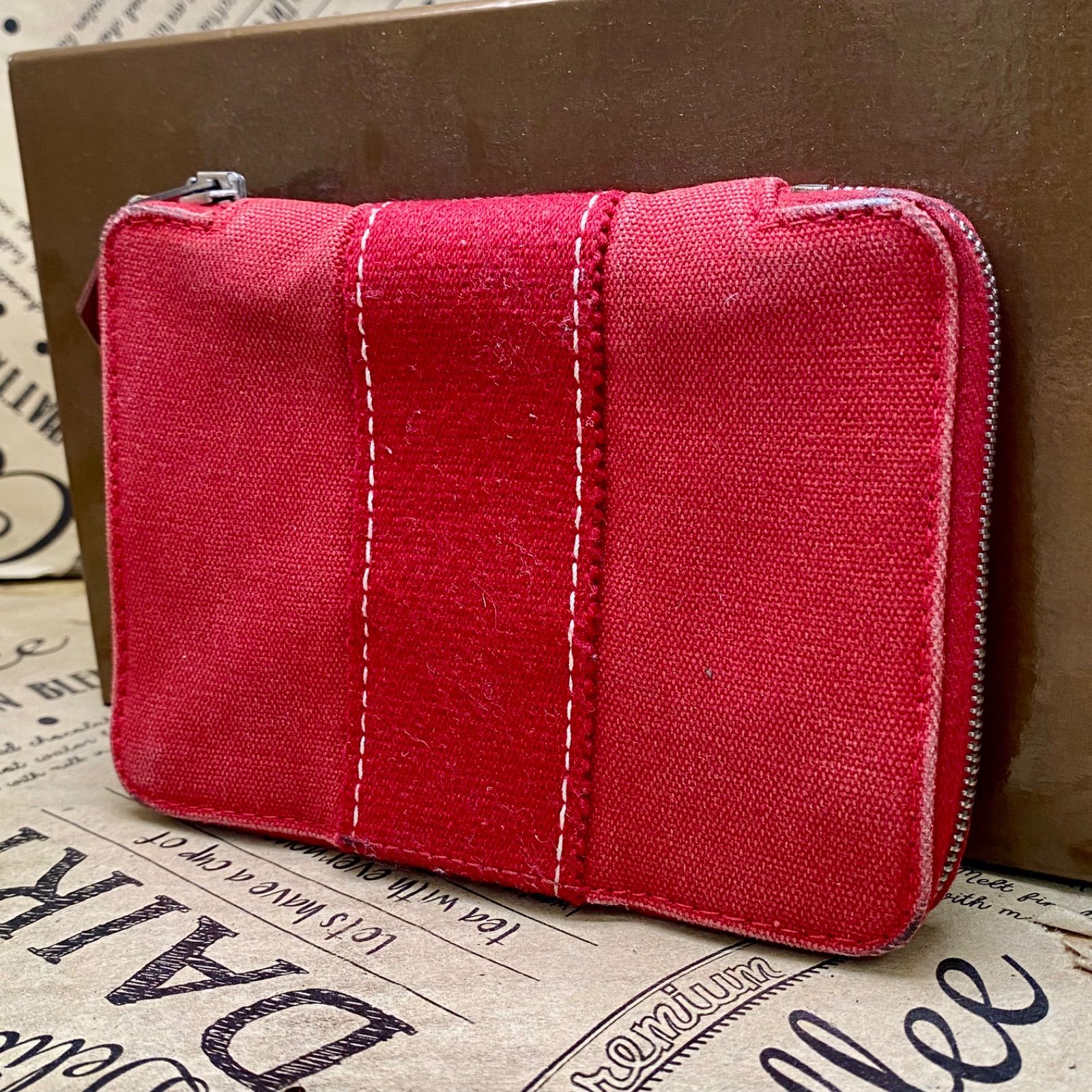 エルメス 財布カードケース 手帳 キャンバス エールライン赤 FZ 274