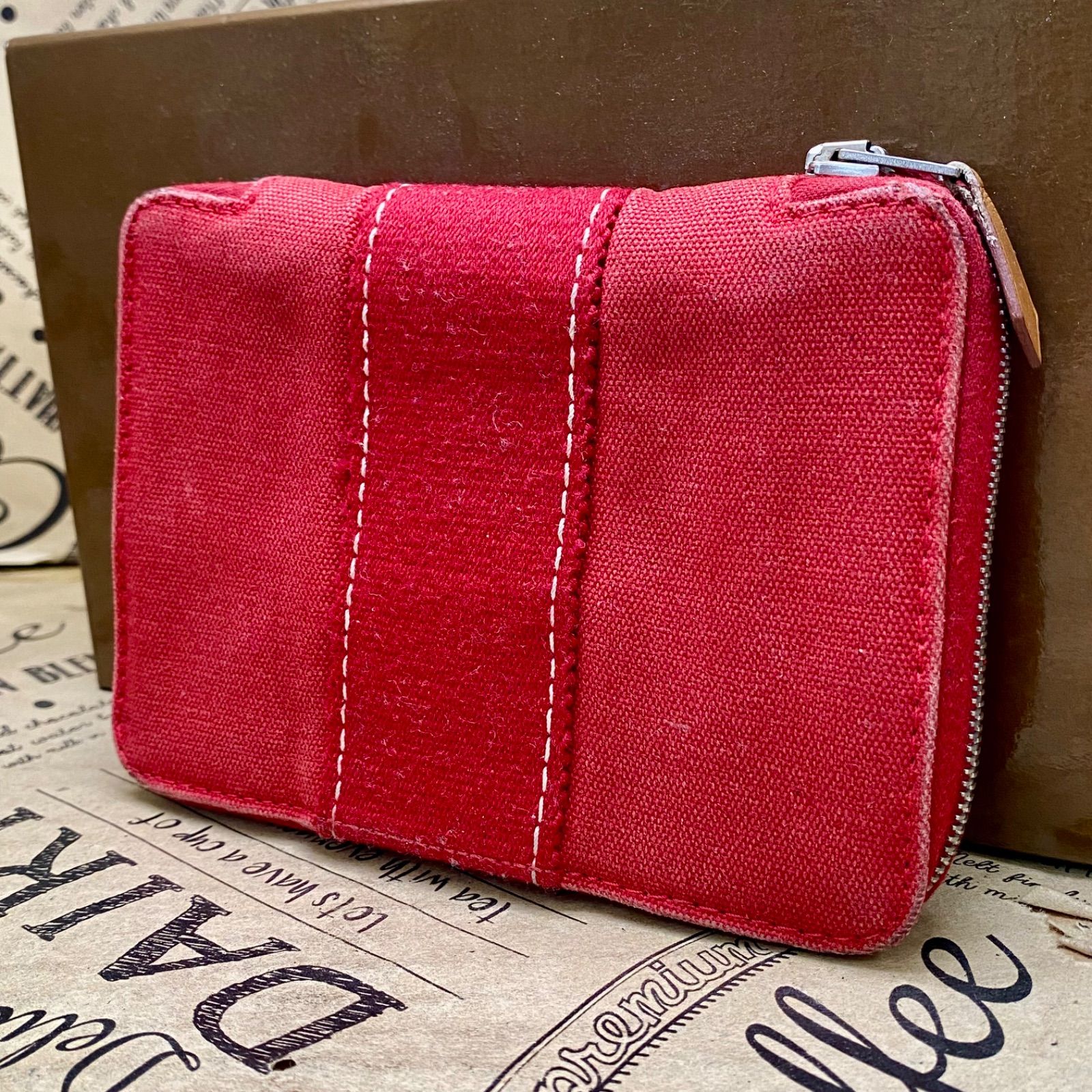 エルメス 財布カードケース 手帳 キャンバス エールライン赤 FZ 274