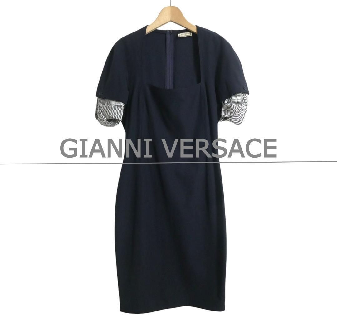 GIANNI VERSACE ジャンニヴェルサーチェ フェイクレイヤード スクエアネック 膝丈 半袖 ワンピース ドレス 紺 ネイビー レディース
