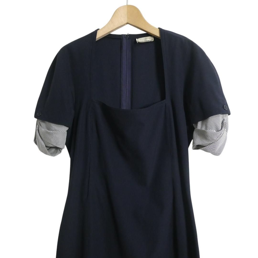 GIANNI VERSACE ジャンニヴェルサーチェ フェイクレイヤード スクエアネック 膝丈 半袖 ワンピース ドレス 紺 ネイビー レディース