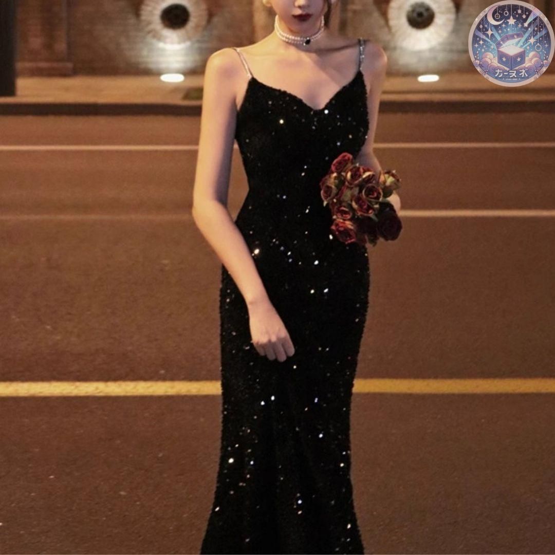 【新品】Vネックラメブラックマーメイドドレス/ブライダル/パーティドレス 新品 未使用 ウェディングドレス パーティードレス 結婚式 披露宴 演奏