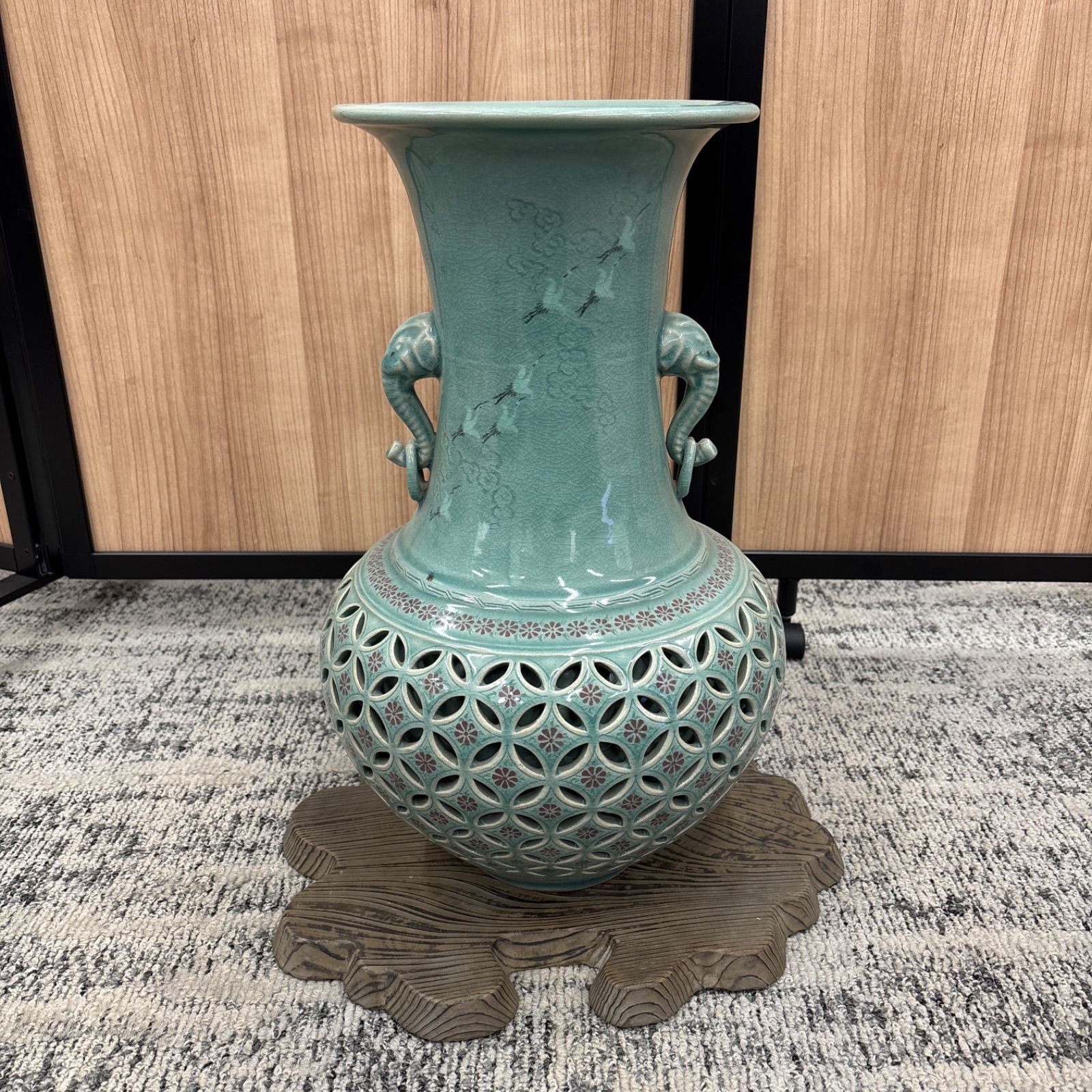 高麗青磁 壺 花器 大型 透かし彫り 東月