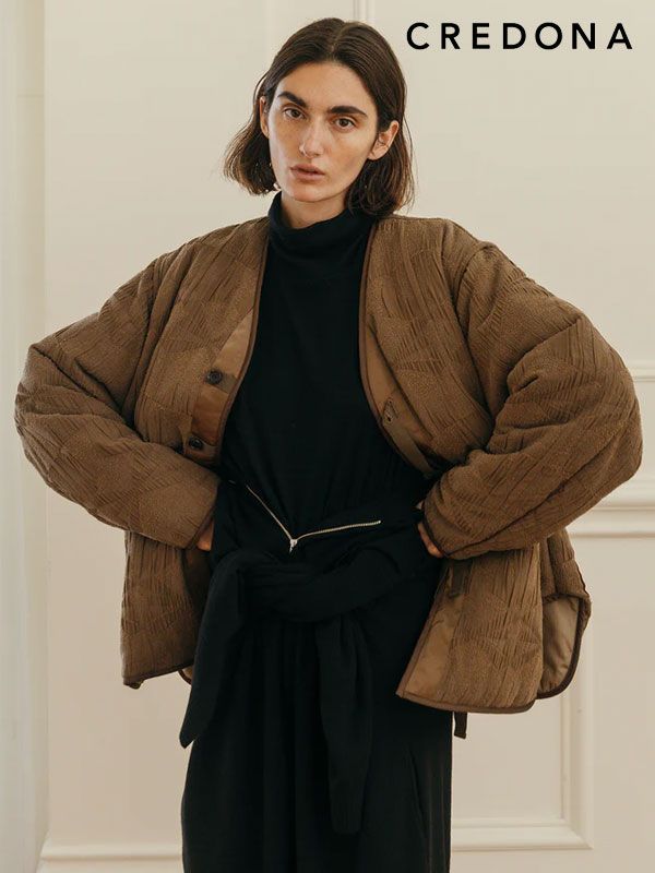 クレドナ CREDONA アウター KIRYU LINER JACKET 桐生ジャガードラインジャケット 長袖 ミドル丈 ノーカラー セットアップ