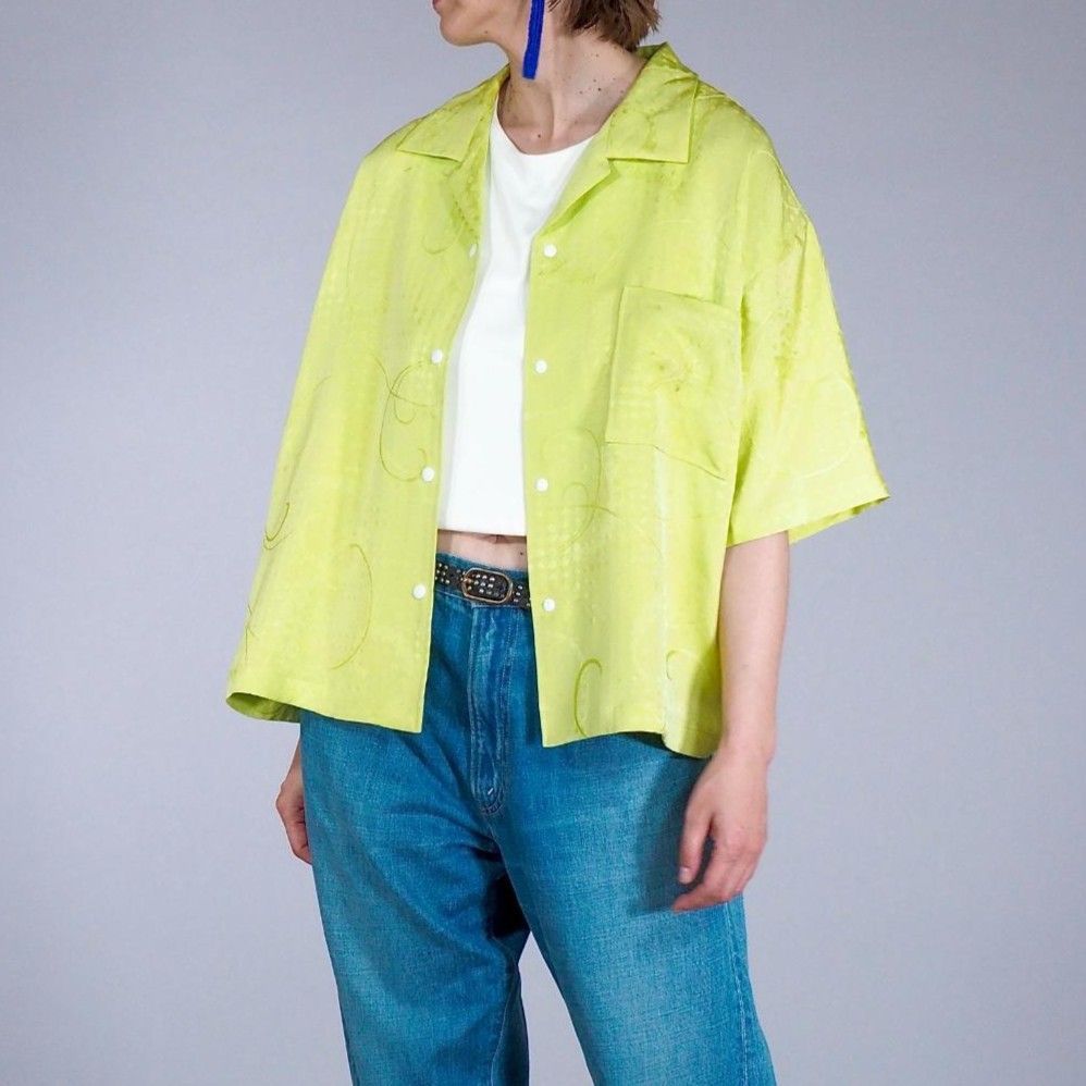 着物リメイク シルクシャツL スナップボタン オープンカラー オーバーサイズ 蛍光カラー ヴィンテージ着物