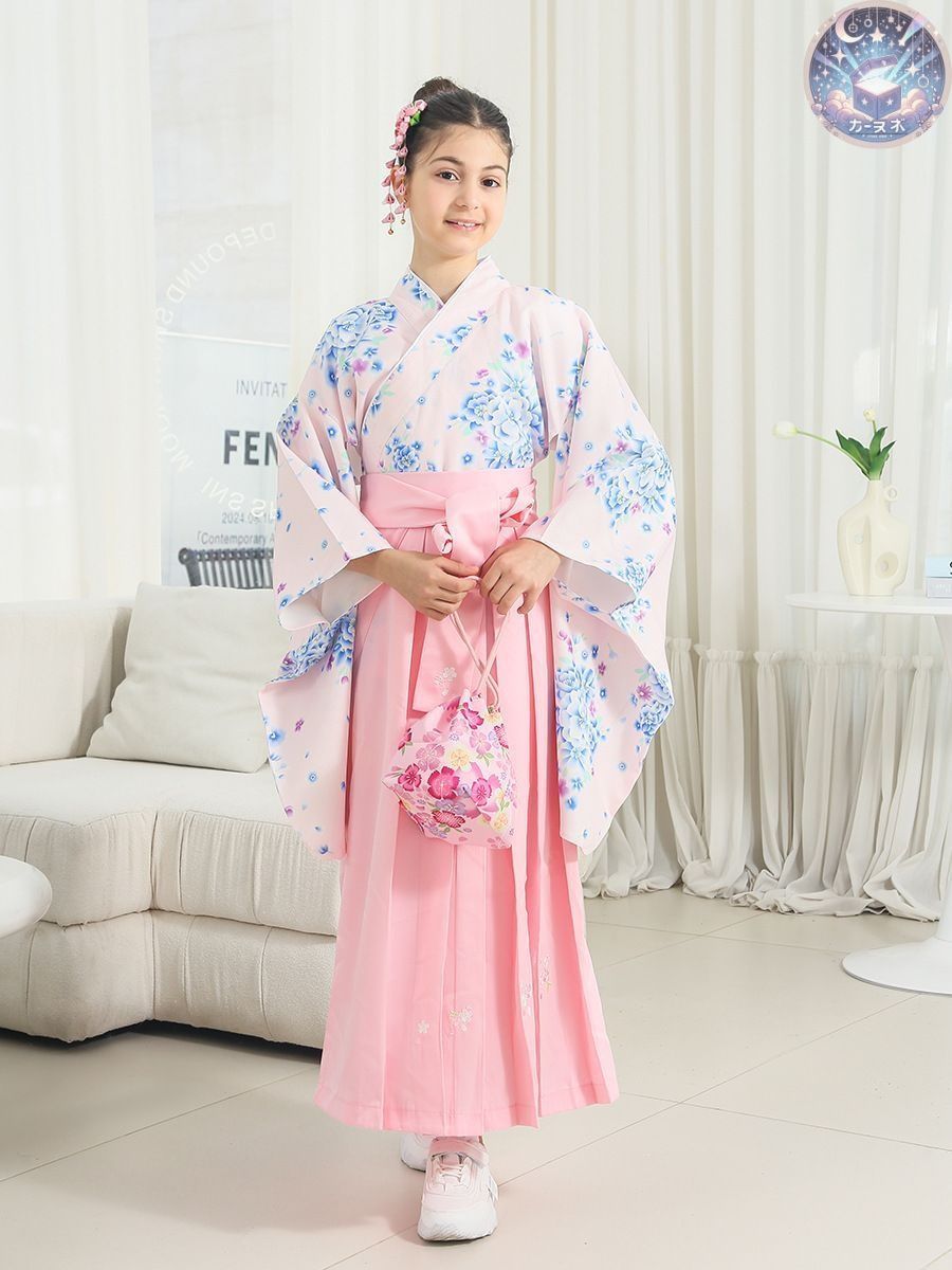 ♥ 着物 袴セット女の子 ジュニア 4点セット 単衣 袴 ハンドバッグ 髪飾り 卒業式