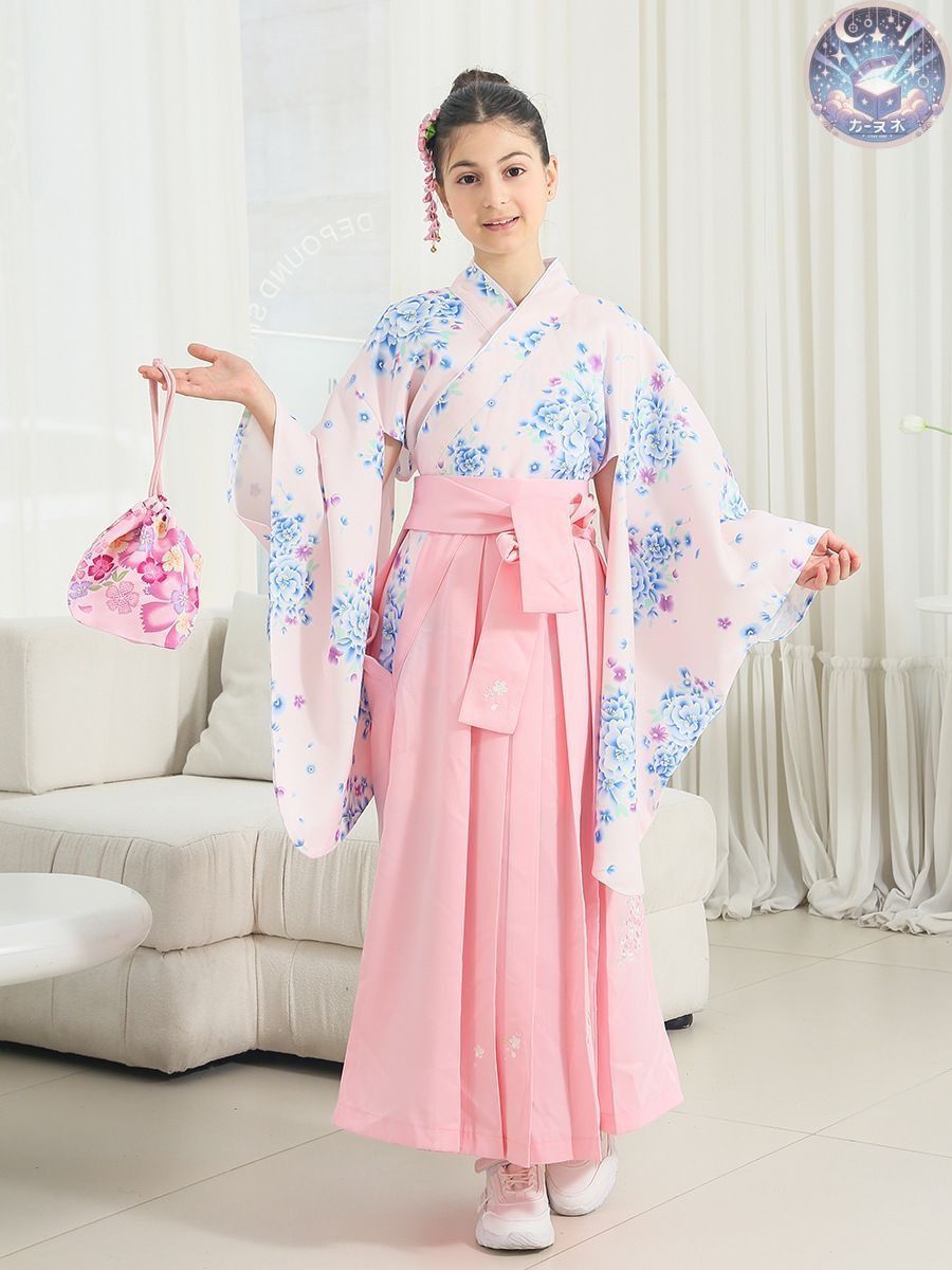 ♥ 着物 袴セット女の子 ジュニア 4点セット 単衣 袴 ハンドバッグ 髪飾り 卒業式