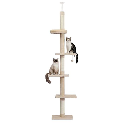 ぺテぺラ キャットタワー 突っ張り スリム 突っ張り棒 取り付け簡単 猫タワー ツッパリ 省スペース 麻紐 爪とぎ ボンボンおもちゃ 運動不足解消 多頭飼い ベージュ 高さ調整幅238 275 cm m